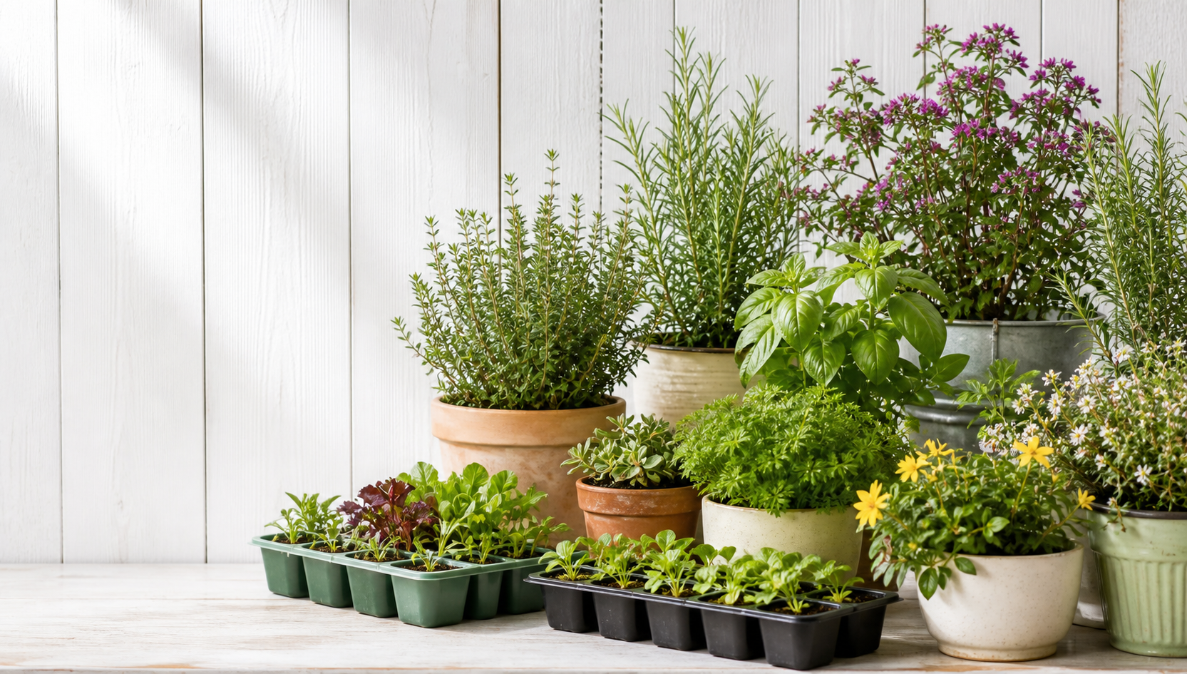 Potted herbs, seedlings, and flowering garden plants on a bright bench